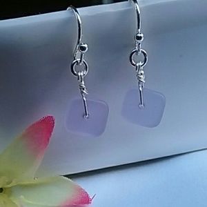 Square Purple Sea Glass Silver Dangle Earrings